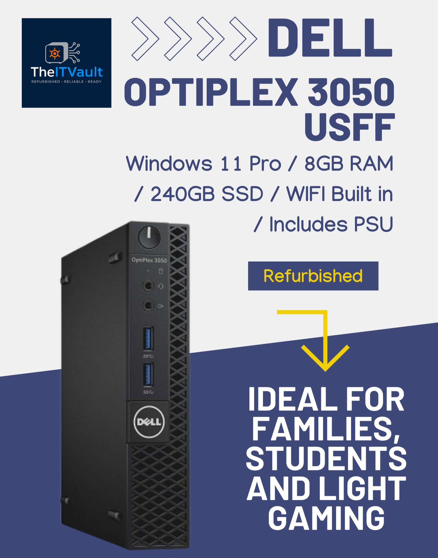 Dell Optiplex 3050 USFF desktop with Windows 11 Pro, 8GB RAM, 240GB SSD, built-in Wi-Fi, refurbished for families and students.