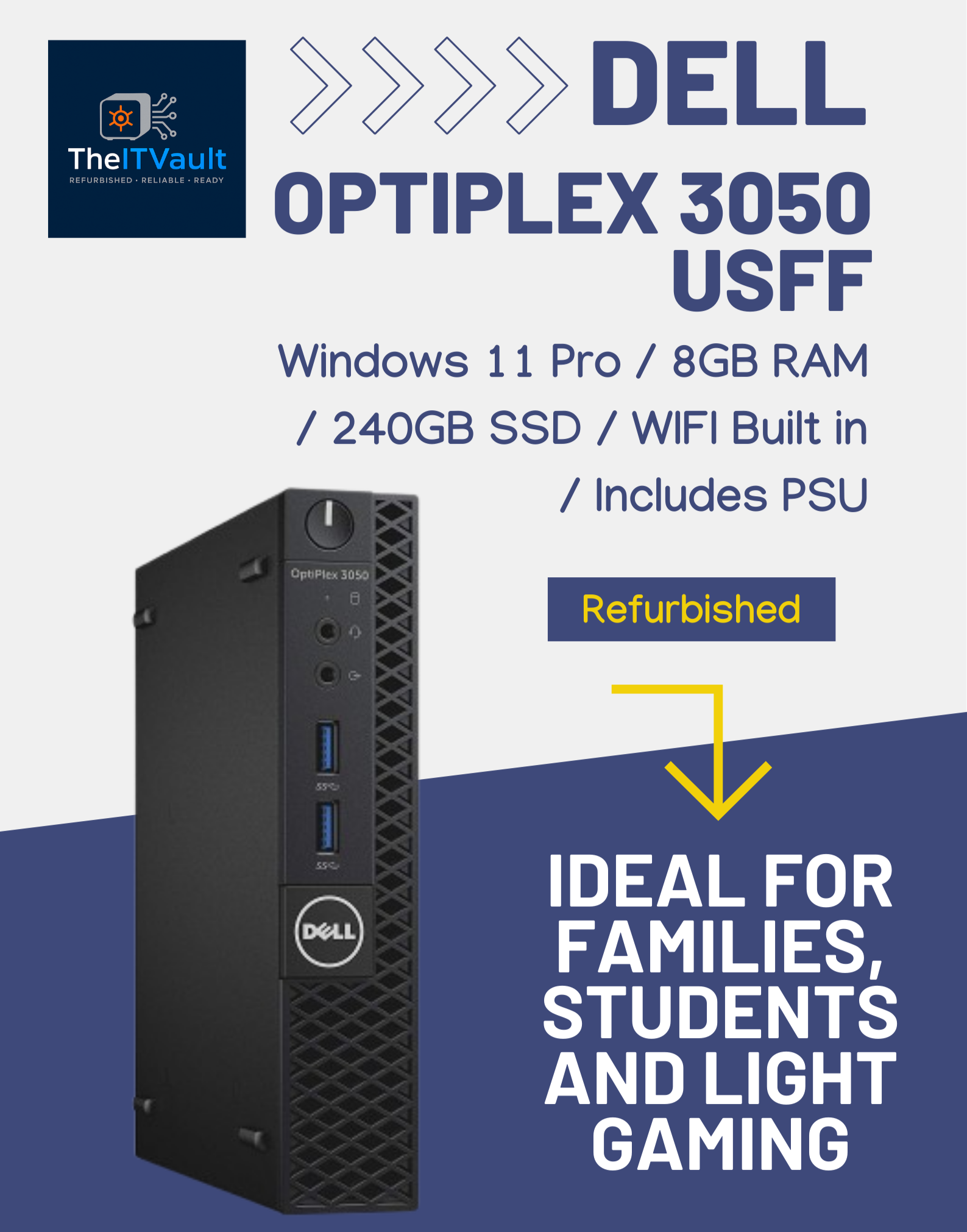 Dell Optiplex 3050 USFF desktop with Windows 11 Pro, 8GB RAM, 240GB SSD, built-in Wi-Fi, refurbished for families and students.